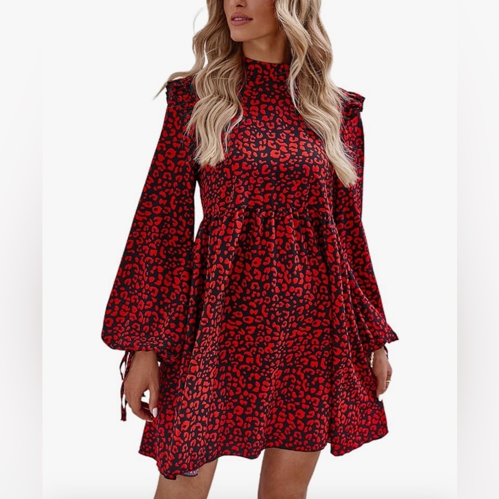 MakeMeChic Women's Leopard Print Mock Neck Long Sleeve Ruffle A Line Mini Dress